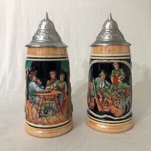 Antique German1/4L Beer Stein & Vintage Thewalt Stein w/ Pewter Lid